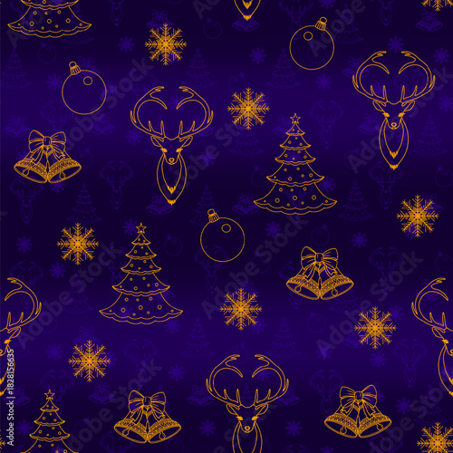 Seamless pattern with isolated golden Christmas symbols: a fir tree, reindeer, baubles, snowflakes, and bells on a purple-blue background.