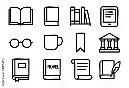 Set of reading and literature icons in minimal line style: open book, closed book, bookshelf, e-reader, glasses, mug, bookmark, library, novel, scroll, feather pen.
