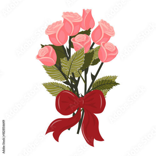 A bouquet of light pink roses with a large red bow. A set of six elegant flowers and one bud. Vector illustration on a white background.