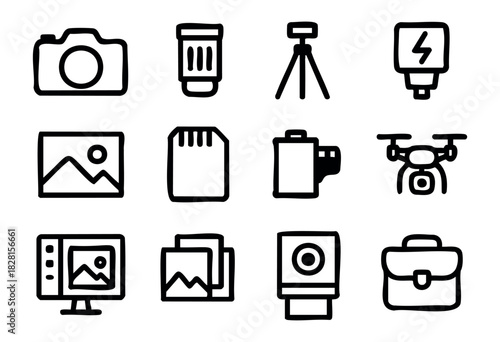 Set of photography icons in simple bold-line style: camera, lens, tripod, flash, photo frame, SD card, film roll, drone, gallery, image editor, portfolio bag.