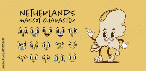 Vintage Netherlands country map mascot character with cartoon facial expression set