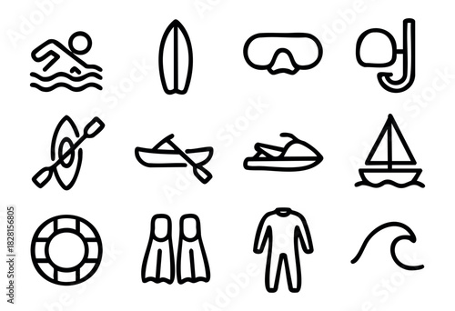 Set of water sports icons in simple bold-line style: swimming, surfboard, snorkel, hook, kayak, jet ski, sailboat, lifebuoy, fins, wetsuit, wave.