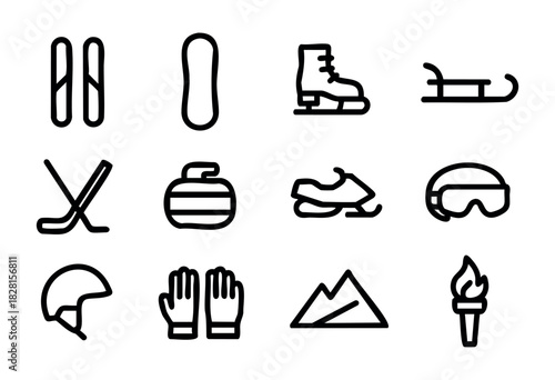 Set of winter sports icons in minimal line style: skis, snowboard, skates, sled, hockey stick, curling stone, snowmobile, goggles, helmet, gloves, mountain, torch.