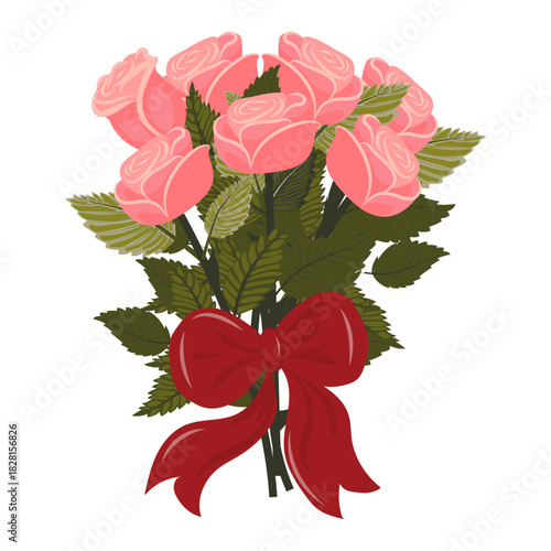 A bouquet of light pink roses with a large red bow. A set of seven delicate blooming flowers. Vector illustration on a white background.