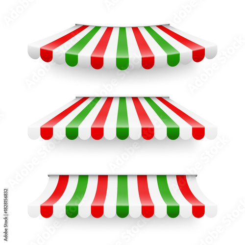 Shop sunshade. Realistic striped cafe awning. Outdoor market tent. Roof canopy in Italian flag colors. Summer street store. Vector illustration