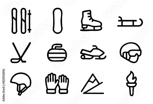 Set of winter sports icons in minimal line style: skis, snowboard, skates, sled, hockey stick, curling stone, snowmobile, goggles, helmet, gloves, mountain, torch.