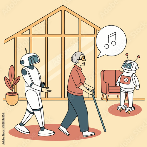 Robots Assisting: a depiction of a robot helping a senior with assistive technology, showcasing modern technology assisting individuals in daily life.