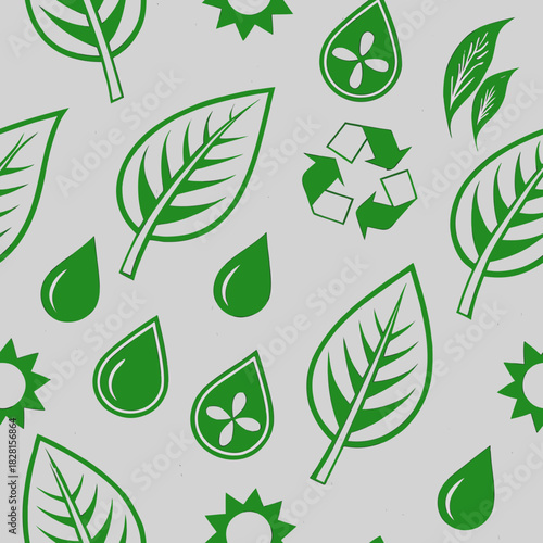 Eco-Friendly Harmony: A seamless pattern of vibrant green leaves, water droplets, sun, and recycling symbol creates an immersive tapestry, promoting environmental awareness and sustainable living.