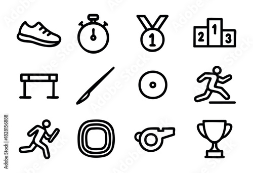 Set of athletics icons in simple outline style: running shoe, stopwatch, medal, podium, hurdle, baton, disc, runner, track, whistle, trophy.