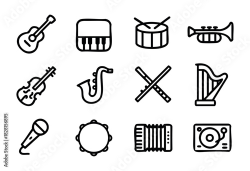 Set of music icons in clean bold-line style: guitar, piano, drum, trumpet, violin, saxophone, flute, harp, microphone, tambourine, accordion, turntable.
