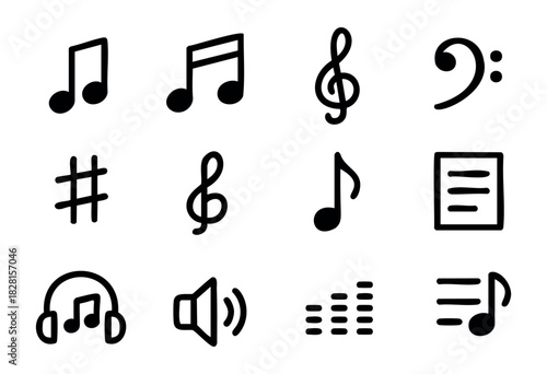 Set of minimalist music icons in bold-line style: music note, treble clef, bass clef, sharp, sheet, headphones, speaker, equalizer, playlist.