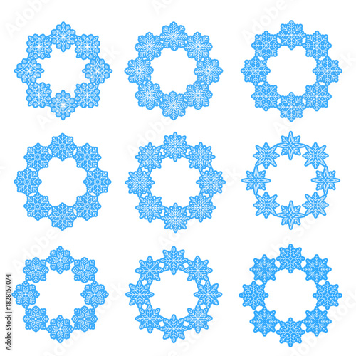 Set of cute snowflakes arranged in a circular frame. Winter holiday design, Christmas decoration, snowflake wreath, isolated on white background, perfect for greeting cards and prints