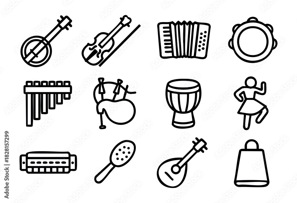 Obraz premium Set of folk music icons in simple outline style: banjo, violin, accordion, tambourine, pan flute, bagpipes, drum, dancer, harmonica, maracas, balalaika, cowbell.