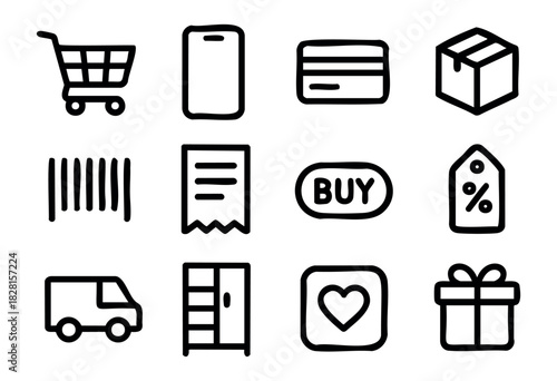 Set of minimalist shopping icons in bold-line style: cart, smartphone, credit card, package, barcode, receipt, buy button, sale tag, delivery truck, wishlist, gift box.