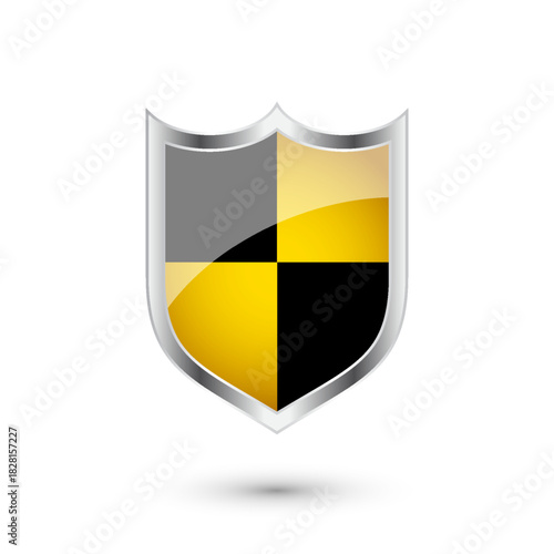 Glossy shield with yellow and black pattern. Security and protection concept. Cyber safety icons, internet privacy, web defense, digital data protection and antivirus themes. Vector illustration