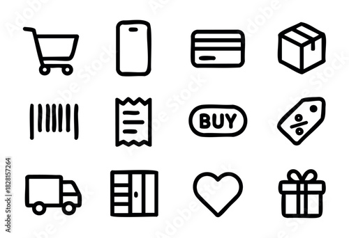 Set of minimalist shopping icons in bold-line style: cart, smartphone, credit card, package, barcode, receipt, buy button, sale tag, delivery truck, wishlist, gift box.