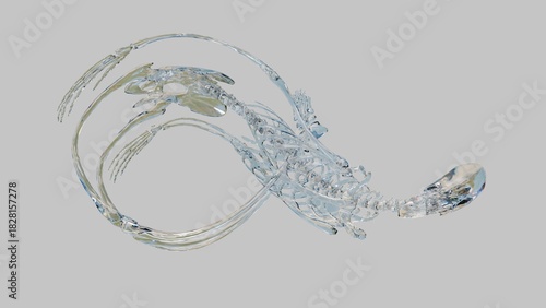 A human skeleton made of glass or crystal bends in the shape of an infinity sign, soft and plastic like jelly. Visual absurdity, surrealism and a combination of incongruous contrasts, 3D visualization