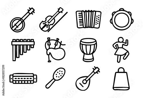 Set of folk music icons in simple outline style: banjo, violin, accordion, tambourine, pan flute, bagpipes, drum, dancer, harmonica, maracas, balalaika, cowbell.