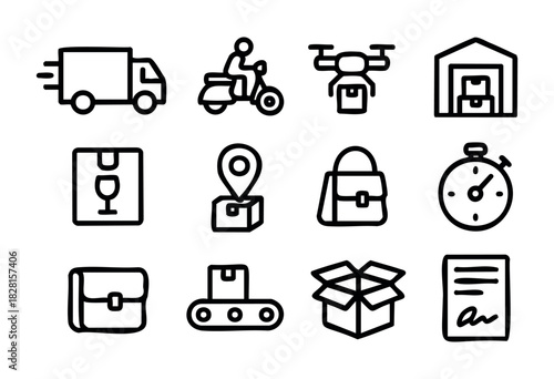 Set of delivery icons in simple bold-line style: truck, scooter, drone, package, fragile box, location pin, warehouse, stopwatch, conveyor, box, receipt.