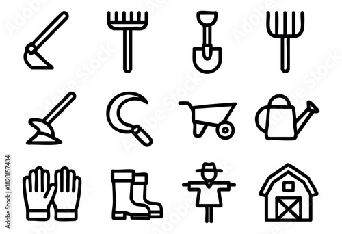 Set of minimalist farming icons in bold-line style: hoe, rake, shovel, pitchfork, sickle, wheelbarrow, watering can, gloves, boots, scarecrow, barn.