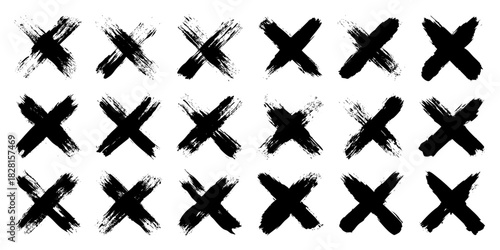 Grunge crosses, brush strokes, x mark, lines, ink smudges, hand-drawn scribble shapes. Handmade sketchy marks, acrylic stains, charcoal streaks. Paint textures, dry brush effect. Vector illustration