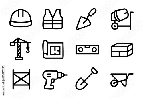 Set of construction icons in clean bold-line style: helmet, safety vest, trowel, cement mixer, crane, blueprint, level, bricks, scaffold, drill, shovel, wheelbarrow.