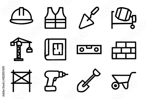 Set of construction icons in clean bold-line style: helmet, safety vest, trowel, cement mixer, crane, blueprint, level, bricks, scaffold, drill, shovel, wheelbarrow.