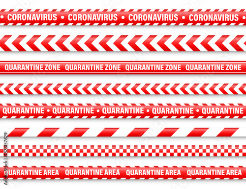 Quarantine zone warning tape. Novel coronavirus outbreak. Global lockdown. Red coronavirus danger stripe. Police caution line, restricted area. Construction tape. Vector illustration