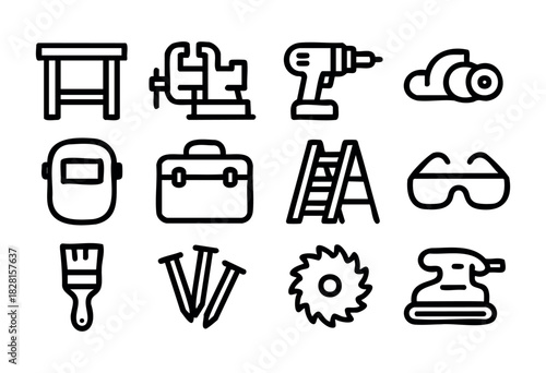 Set of workshop tools icons in bold-line style: workbench, vise, drill, grinder, welding mask, toolbox, ladder, safety glasses, paintbrush, nails, saw blade, sander.