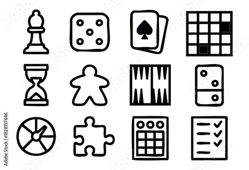 Set of board game icons in clean bold-line style: chess piece, dice, cards, board, hourglass, meeple, backgammon, domino, spinner, puzzle piece, bingo, checklist.
