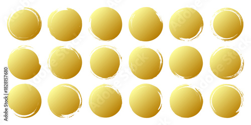 Golden grunge circles, brush strokes, lines, ink smudges, hand-drawn scribble shapes. Handmade sketchy marks, acrylic stains, charcoal streaks. Paint textures, dry brush effect. Vector illustration