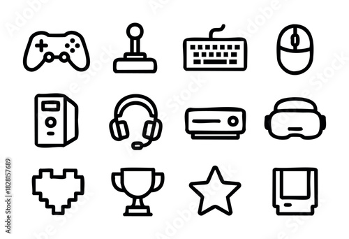 Set of video game icons in simple outline style: game controller, joystick, keyboard, mouse, PC tower, headset, console, VR headset, pixel heart, trophy, star, retro console.