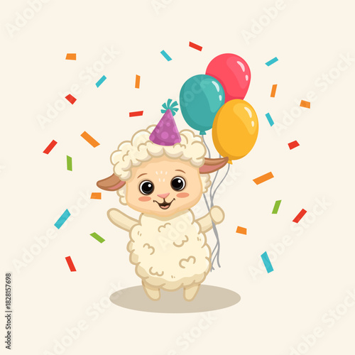 Cute cartoon sheep with gift and balloons. Sheep in flat style for greeting card, book, activity page. Happy birthday postcard. Vector illustration