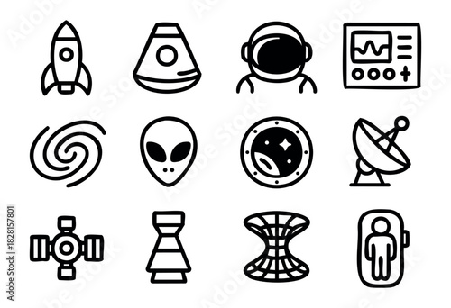 Set of space travel icons in minimal bold-line style: rocket, capsule, astronaut, control panel, galaxy, alien, porthole, antenna, space station, engine, wormhole, cryo pod.