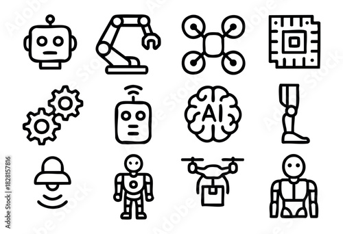 Set of robotics icons in clean bold-line style: robot head, robotic arm, drone, microchip, gears, AI brain, prosthetic leg, delivery drone, humanoid robot, sensor, automation.