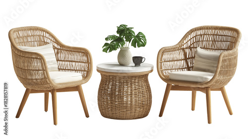 A wooden table with two wooden chairs isolated on white background in transparent png style, ideal for garden or balcony outdoor seating.