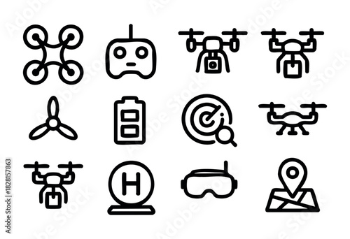 Set of drone icons in simple bold-line style: drone, controller, propeller, battery, radar, map pin, goggles, helipad, camera drone, quadcopter, target, navigation