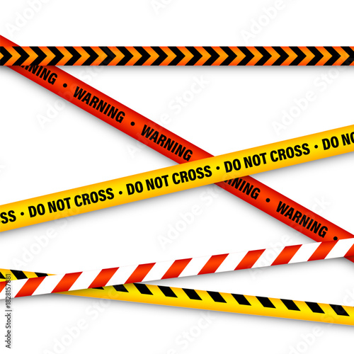 Barricade construction tape. Colorful police warning line, brightly colored danger or hazard stripe, ribbon. Restricted area, zone. Attention symbol. Vector illustration