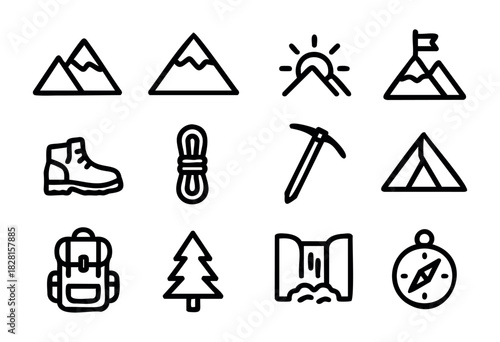 Set of mountain icons in clean bold-line style: mountain peaks, sunrise, flag summit, boot, rope, ice axe, tent, backpack, tree, waterfall, compass