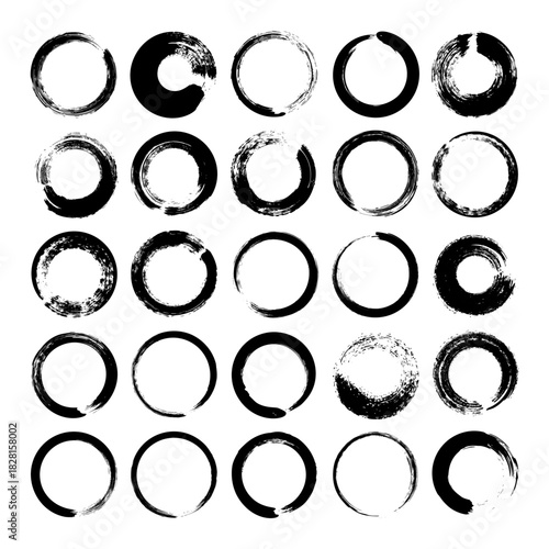 Grunge circles, brush strokes, lines, ink smudges, hand-drawn scribble shapes. Handmade sketchy marks, acrylic stains, charcoal streaks. Paint textures, dry brush effect. Vector illustration