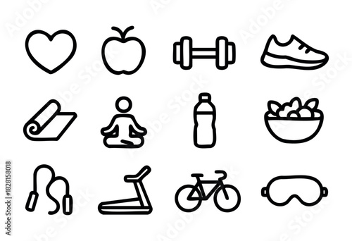 Set of healthy lifestyle icons in simple bold-line style: heart, apple, dumbbell, shoe, yoga mat, meditation, water bottle, salad, jump rope, treadmill, bicycle, sleep mask.