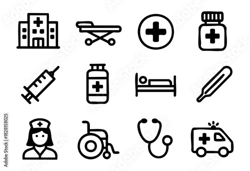 Set of hospital icons in bold-line style: hospital building, stretcher, medical cross, medicine bottle, syringe, bed, thermometer, nurse, wheelchair, stethoscope, ambulance.