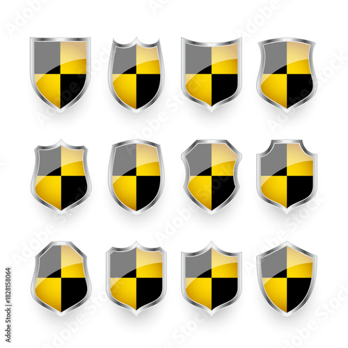 Glossy shields with yellow and black pattern. Security and protection concept. Cyber safety icons, internet privacy, web defense, digital data protection and antivirus themes. Vector illustration