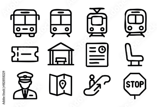 Set of public transport icons in bold-line minimal style: bus, tram, metro, ticket, station, timetable, seat, driver, map, escalator, stop sign.