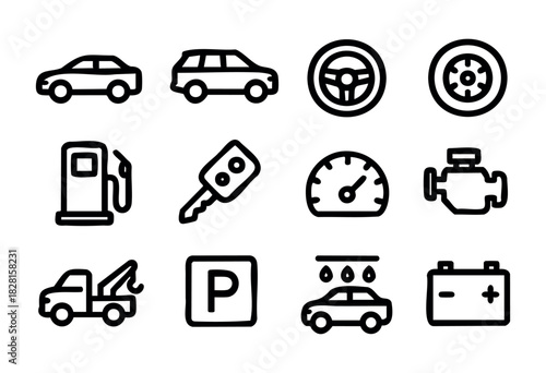 Set of car icons in bold minimal style: car, SUV, steering wheel, tire, gas pump, key, speedometer, engine, tow truck, parking, car wash, battery.