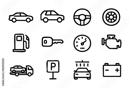 Set of car icons in bold minimal style: car, SUV, steering wheel, tire, gas pump, key, speedometer, engine, tow truck, parking, car wash, battery.