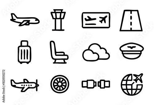 Set of airplane and aviation icons in minimalist bold-line style: airplane, control tower, boarding pass, runway, suitcase, seat, clouds, pilot, propeller plane, jet engine, seatbelt, globe with plane