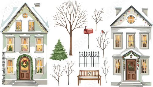 Charming Christmas Houses with Festive Decorations and Winter Scenery