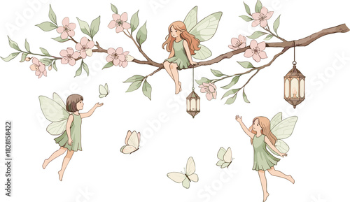 Whimsical illustration of magical little fairies playing on a blooming spring branch with butterflies and hanging lanterns