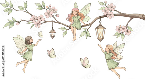 Whimsical illustration of delicate fairies on a blossoming spring branch with butterflies and vintage lanterns